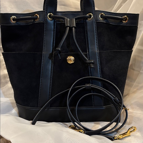 Veronica Beard Goody Suede & Leather 2 Way Bucket Satchel Crossbody Black Bag - Picture 2 of 16